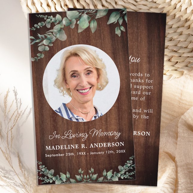 Rustic Memorial Eucalyptus Photo Funeral Thank You Note Card (Creator Uploaded)