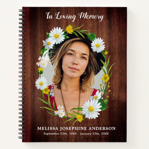 Rustic Memorial Floral Daisy Funeral Guest Book - In Loving Memory Sympathy Photo Funeral Guest Book. This funeral guest book features an elegant floral daisy border frame on a rustic wood design, your photo, name and dates, on a modern white design. This funeral guest book is perfect keepsake for memorial service, celebration of life and funeral . COPYRIGHT © 2020 Judy Burrows, Black Dog Art - All Rights Reserved. Rustic Memorial Floral Daisy Funeral Guest Book