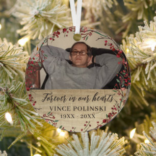 Rustic Memorial Photo Forever in Our Hearts Metal Ornament