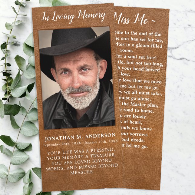 Rustic Memorial Photo Leather Funeral Prayer Card (Creator Uploaded)