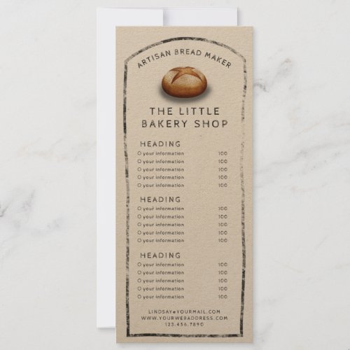Rustic menu or price list baker invitation