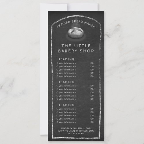 Rustic menu or price list chalkboard bread baker invitation