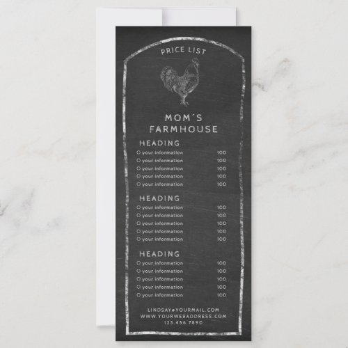 Rustic menu or price list chalkboard rooster invitation