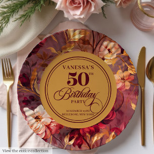 Rustic Merlot Blush Gold Flowers 50th Birthday Paper Plates