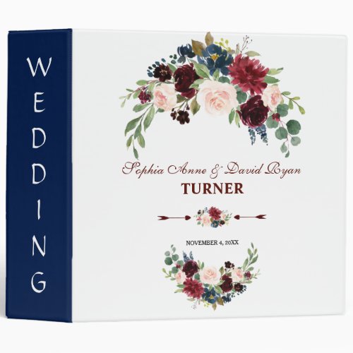 Rustic Merlot Navy Blue Blush Floral Wedding Album 3 Ring Binder