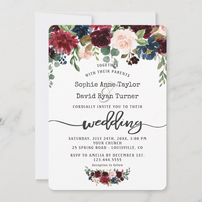 Rustic Merlot Navy Blue Floral Handwriting Wedding Invitation (Front)