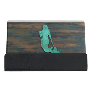 Rustic Mermaid (Teal) Desk Business Card Holder