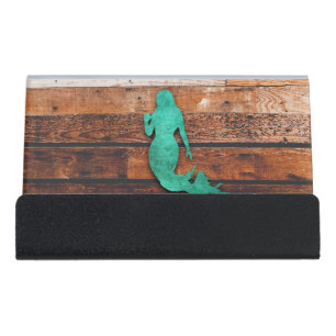 Rustic Mermaid (Wooden Boards) Desk Business Card Holder