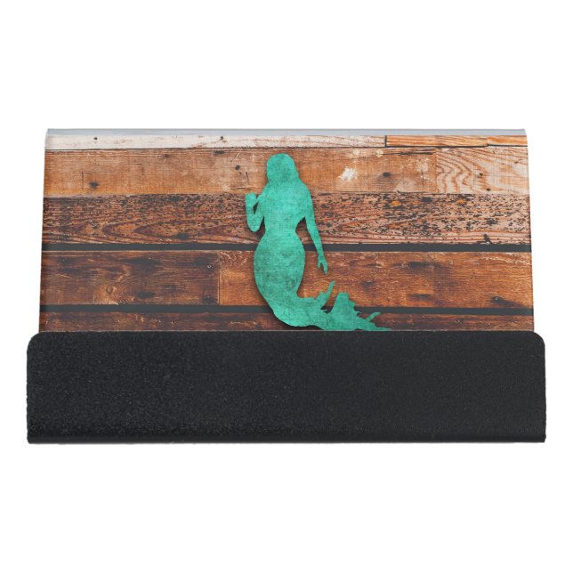 Rustic Mermaid (Wooden Boards) Desk Business Card Holder (Front)