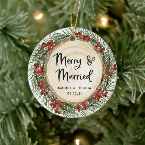 Rustic Merrily Married First Christmas Photo  Ceramic Ornament
