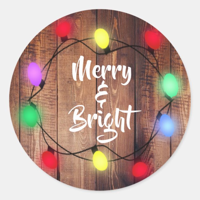 Rustic "Merry & Bright" Holiday Christmas Stickers (Front)