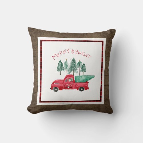 Rustic Merry Bright Plaid Gnome Farm Red Truck Throw Pillow