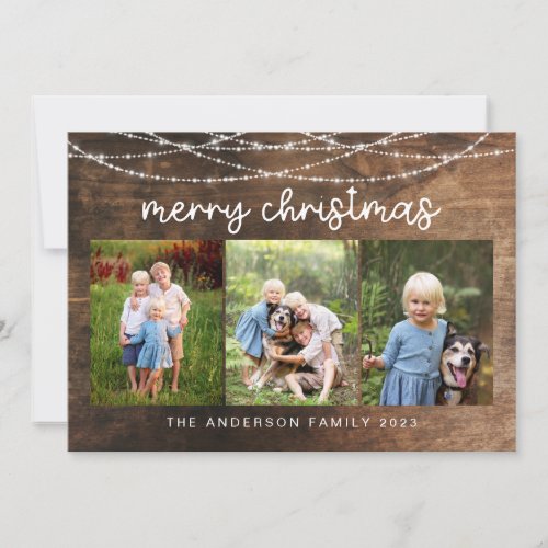 Rustic Merry Christmas  3 Photo Collage  Holiday Card