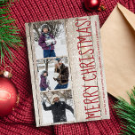 Rustic Merry Christmas 3 photos collage barn wood Holiday Card<br><div class="desc">Rustic country style winter holidays greeting card on a light beige natural barn wood background with falling snow featuring a collage of three photos,  a big red "Merry Christmas!" editable text and your signature.</div>