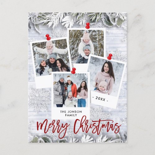 Rustic  Merry Christmas 4 Photo Greeting Holiday Postcard