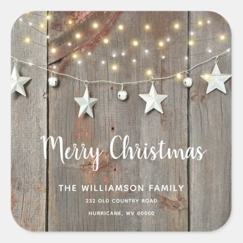 Rustic Merry Christmas Barn Wood String Lights  Square Sticker