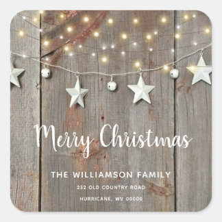 Rustic Merry Christmas Barn Wood String Lights Square Sticker