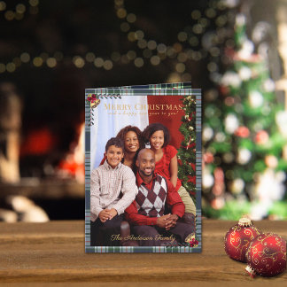 Rustic Merry Christmas Blue Red Plaid 1 Photo  Card