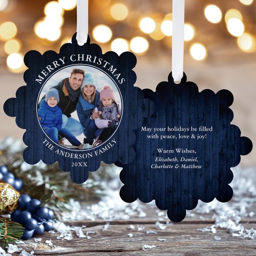 Rustic Merry Christmas Blue Wood Print Ornament Card