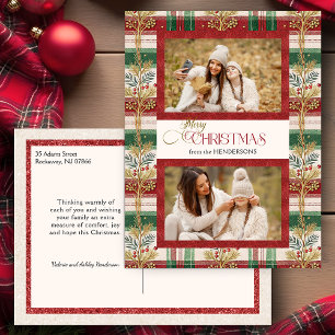Rustic Merry Christmas Botanical Plaid 2 Photo Postcard