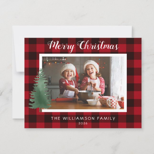 Rustic Merry Christmas Buffalo Plaid Family Photo  Card (Front)