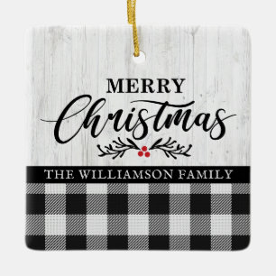 Rustic Merry Christmas Buffalo Plaid Family Photo  Ceramic Ornament