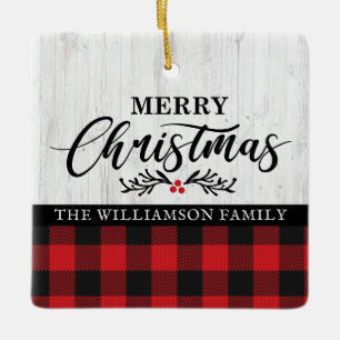 Rustic Merry Christmas Buffalo Plaid Family Photo  Ceramic Ornament