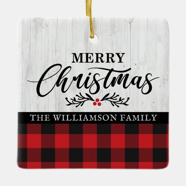 Rustic Merry Christmas Buffalo Plaid Family Photo  Ceramic Ornament (Front)