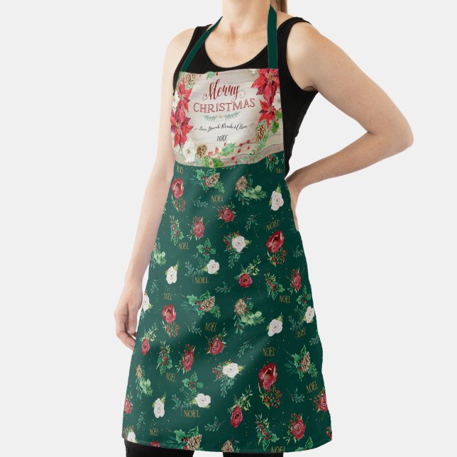 Rustic Merry Christmas Burgundy Poinsettia Floral Apron (Insitu)