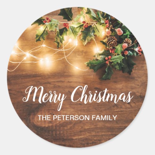 Rustic Merry Christmas country mistletoe light Classic Round Sticker