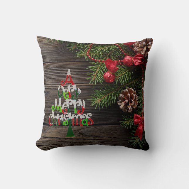 Rustic Merry Christmas Country Wreath Holiday Throw Pillow (Front)