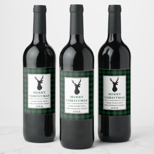 Rustic Merry Christmas Deer Green Plaid Wine Label
