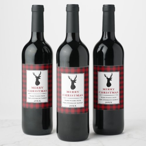 Rustic Merry Christmas Deer Red Plaid  Wine Label