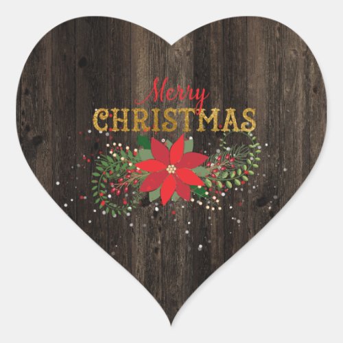 Rustic Merry Christmas English Wood Heart Heart Sticker