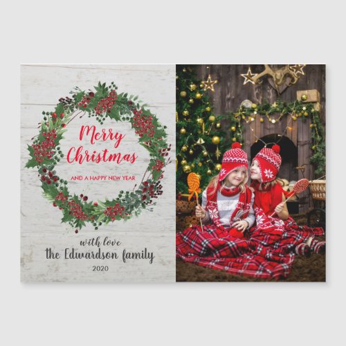 Rustic Merry Christmas family magnetic photo card