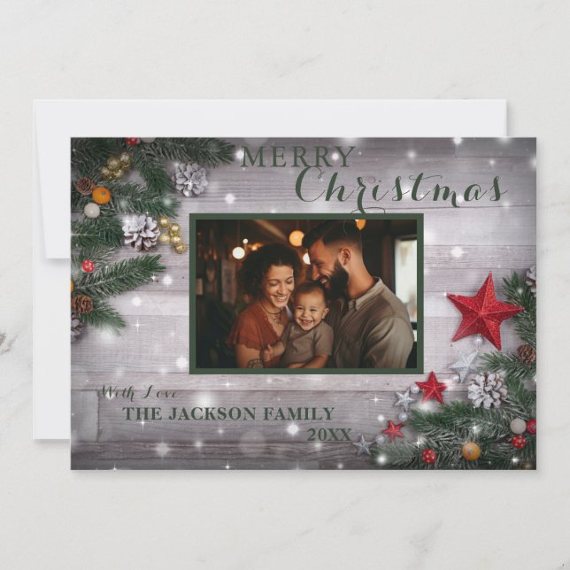 Rustic Merry Christmas Family Photo Card (Front)