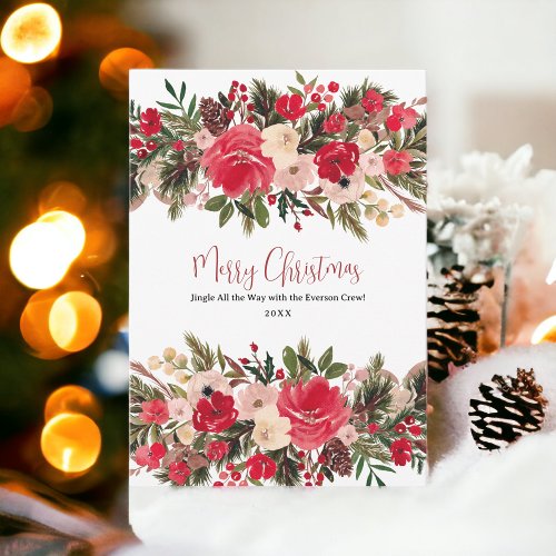 Rustic merry Christmas floral watercolor Holiday Card