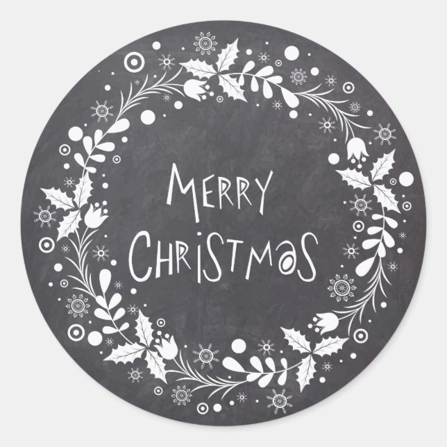 Rustic Merry Christmas Floral Wreath Chalkboard Classic Round Sticker (Front)