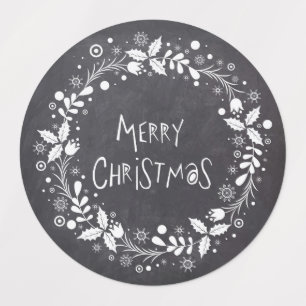 Rustic Merry Christmas Floral Wreath Chalkboard Labels