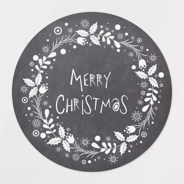 Rustic Merry Christmas Floral Wreath Chalkboard Labels (Design 1)