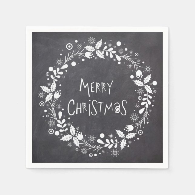 Rustic Merry Christmas Floral Wreath Chalkboard Napkins (Front)
