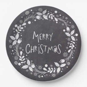 Rustic Merry Christmas Floral Wreath Chalkboard Paper Plates