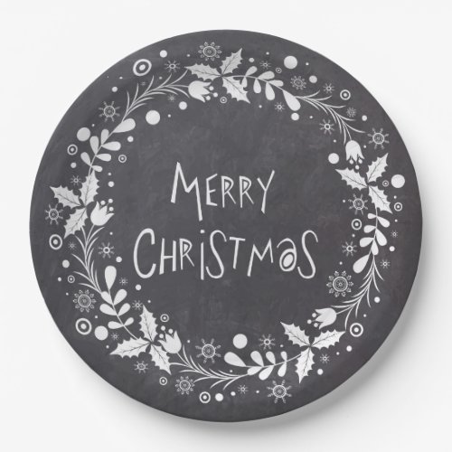 Rustic Merry Christmas Floral Wreath Chalkboard Paper Plates