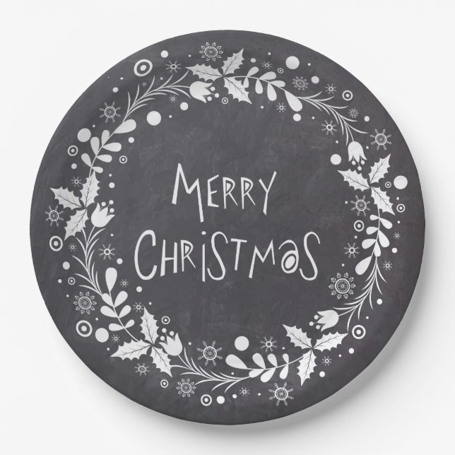 Rustic Merry Christmas Floral Wreath Chalkboard Paper Plates (Front)