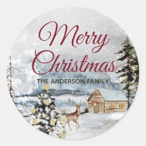 Rustic Merry Christmas Forest Deer Classic Round Sticker