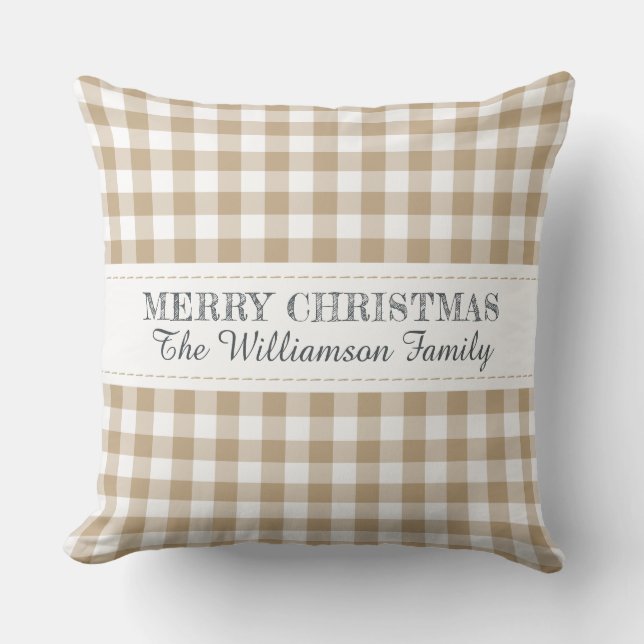 Rustic Merry Christmas Gingham Monogram Name Throw Pillow (Front)