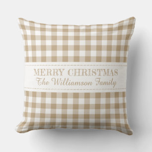 Rustic Merry Christmas Gingham Monogram Name Throw Pillow