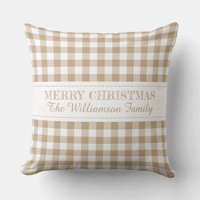 Rustic Merry Christmas Gingham Monogram Name Throw Pillow (Front)