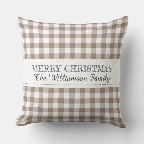 Rustic Merry Christmas Gingham Monogram Name Throw Pillow