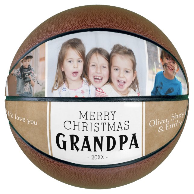 Rustic Merry Christmas Grandpa 3 Photo Collage Basketball (Front)